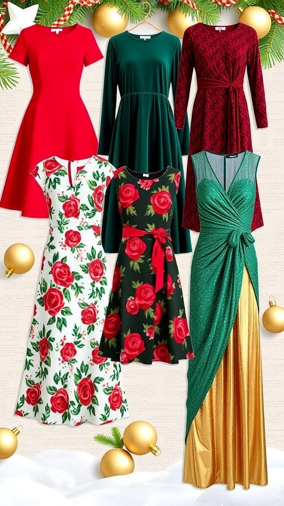 A variety of stylish Christmas dresses for 2025 in red, green, gold, and floral patterns, set against a festive backdrop.